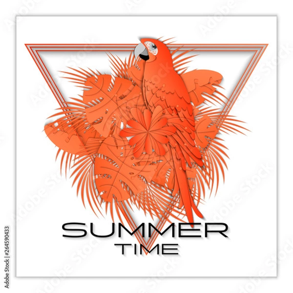 Obraz Summer background, banner, print. Palm leaves and parrot on white background. 3D vector illustration for t shirt design. Paper cut out art style.