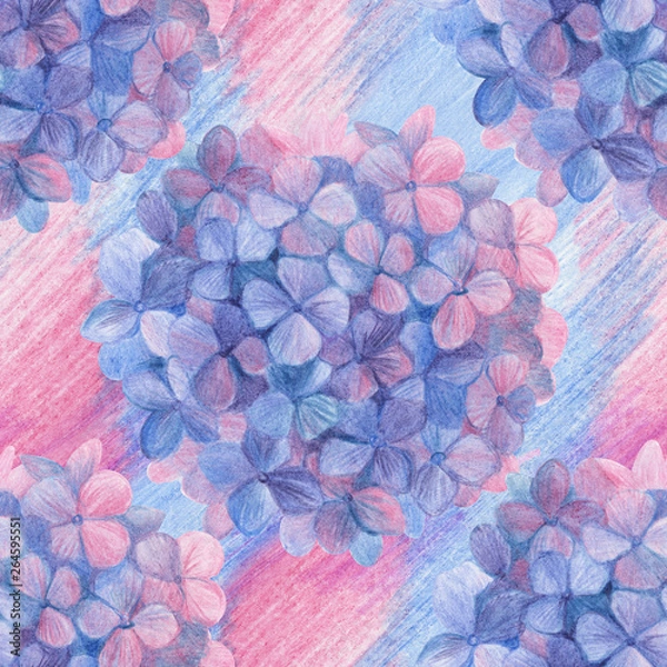 Fototapeta Flowers Hydrangea round bouquet seamless pattern drawing with colored pencils. Template for greeting card. Wedding card