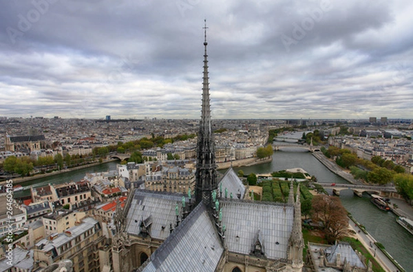 Fototapeta Cathedral of Notre dame de Paris, France. Top view of the city, the roof and the spire of the temple