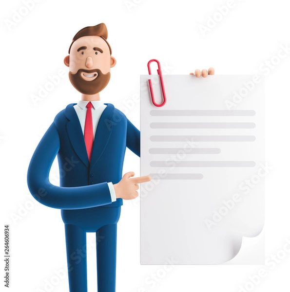 Fototapeta 3d illustration. Handsome businessman Billy holds a completed document.
