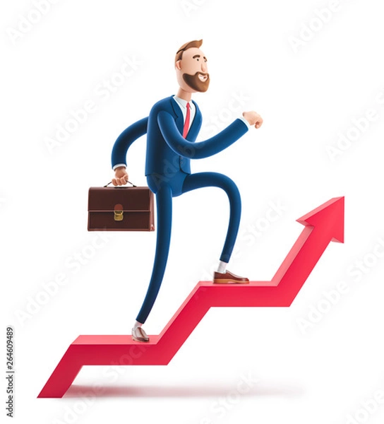 Obraz 3d illustration. Businessman Billy goes to success. Concept of financial growth. Dashboard with the analysis of finance