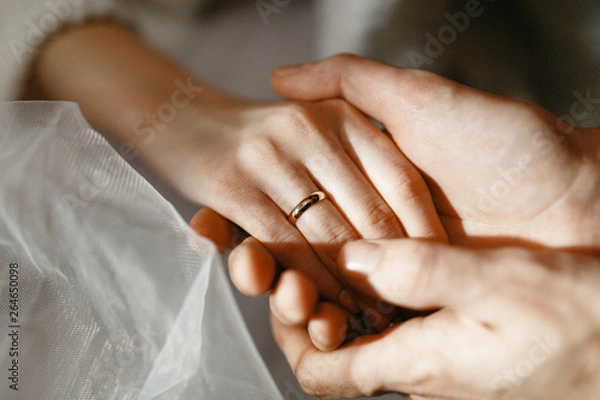 Fototapeta Image of hands of a man and a woman with wedding rings on a white background