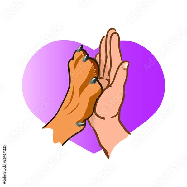 Fototapeta Dog paw and human hand, logo On the background of hearts. Vector illustration on white background