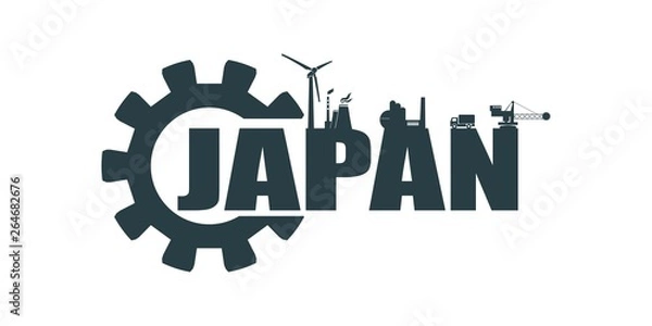 Obraz Energy and Power icons. Sustainable energy generation and heavy industry. Japan word decorated by gear