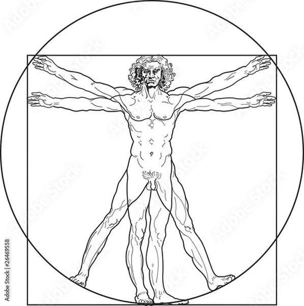 Obraz „Homo vitruviano”. Tak zwany Człowiek witruwiański, a.k.a. człowiek Leonarda. Szczegółowy rysunek na podstawie dzieła Leonarda da Vinci starożytnego rękopisu rzymskiego mistrza Marcusa Vitruviusa Pollio.