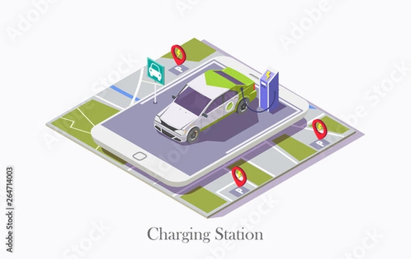 Fototapeta Ev charging station technology vector web banner template
