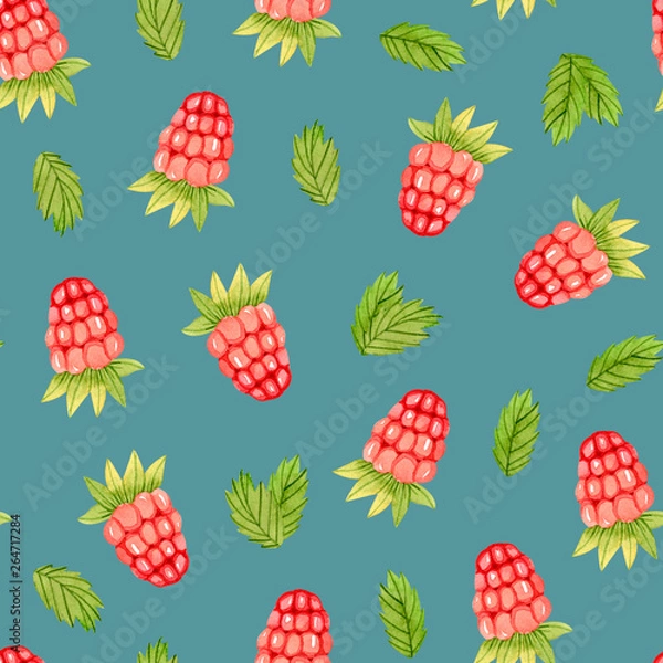 Fototapeta Watercolor seamless pattern -raspberries,  leaves.