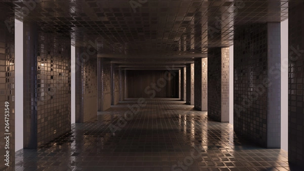 Fototapeta Dark tiles blank room interior glossy and lighting backdrop, 3d rendering.