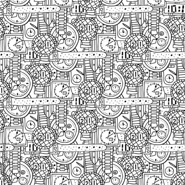 Obraz Vector illustration. Seamless pattern of different clocks in Doodle style