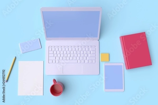 Fototapeta Workplace in the office. Table top view. Laptop, tablet and mobile phone on blue background. 3d rendering