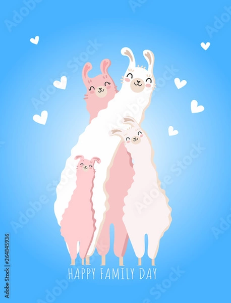 Fototapeta Happy Family Day picture with Llama family. Best mother, father, baby ever cute feminine design for flyer, card, invitation, typography. Vector illustration.