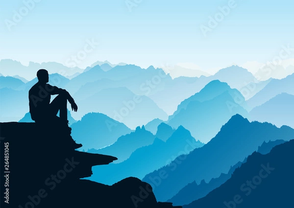 Obraz Man looking at the mountains. Flat mountain  landscape. Morning in the mountains. Tourism and travelling. Vector flat design