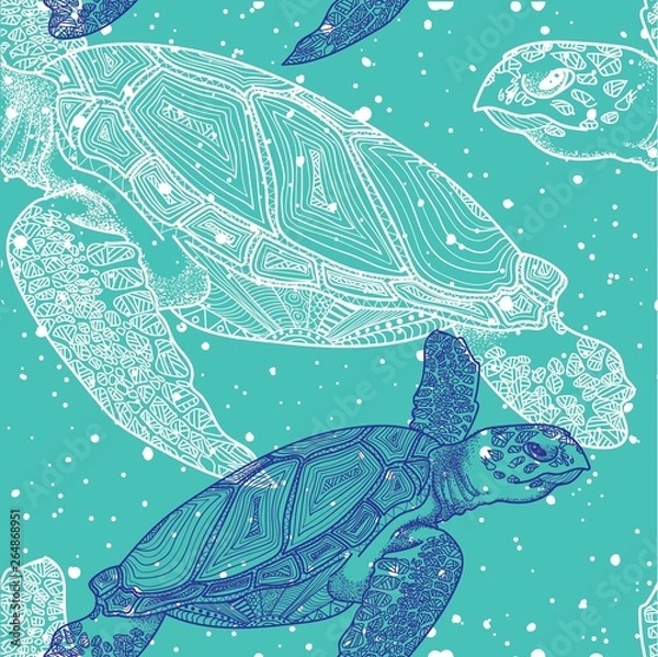 Fototapeta Seamless pattern with sea turtles. Marine life. Doodling, mandala pattern. Drawing by hand. Stylish background.