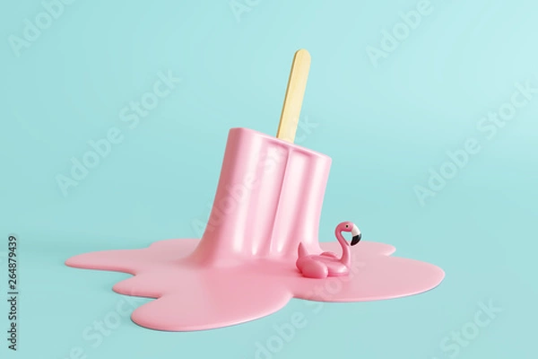 Obraz Różowe lody w sztyfcie topiące się z flamingiem na pastelowym niebieskim tle. Kreatywny pomysł minimalna koncepcja lato. Renderowanie 3d