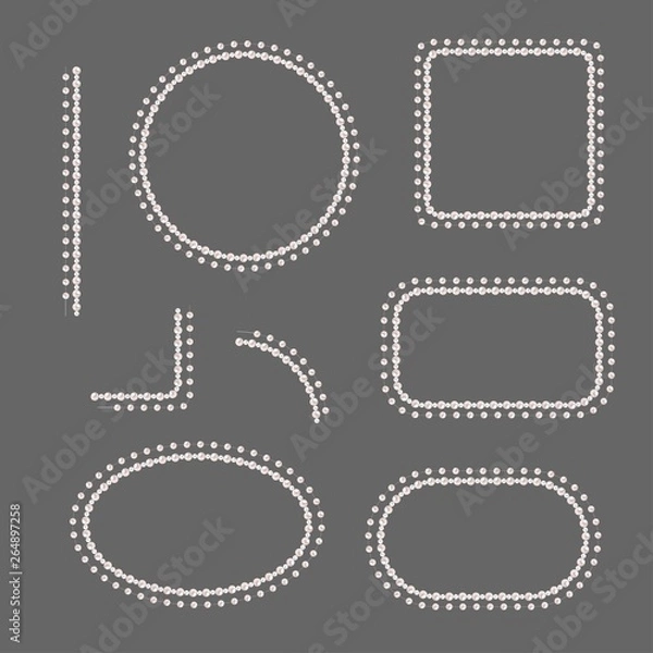 Fototapeta Set of pearl frames isolated on gray background. Vector elements for wedding decoration, banners, cards, invitation. Elegant cream pearls borders and corners.