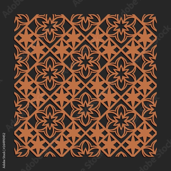 Obraz Laser cutting interior panel. Woodcut vector trellis design. Plywood lasercut floral tiles. Square seamless patterns for printing, engraving, paper cut. Stencil lattice ornament.