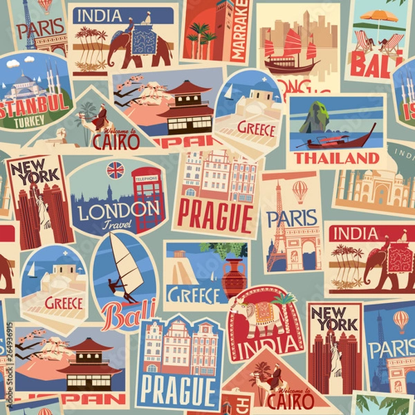 Obraz Set of travel retro labels and cards. Different countries and cities in Europe, Africa, Asia and America. Vector color graphics