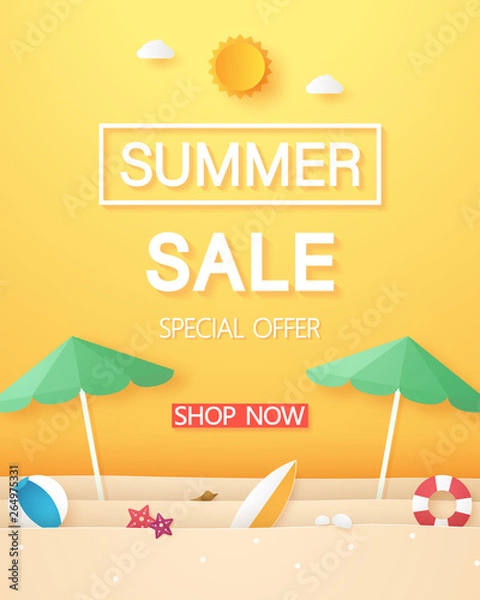 Fototapeta Summer sale , beach with umbrella beach and stuff , paper art style