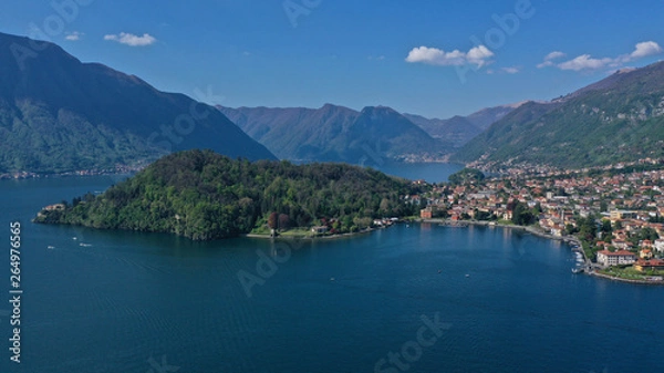 Fototapeta Aerial drone panoramic photo of famous beautiful lake Como one of the deepest in Europe, Lombardy, Italy