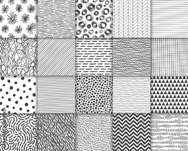 Fototapeta Abstract hand drawn geometric simple minimalistic seamless patterns set. Polka dot, stripes, waves, random symbols textures. Vector illustration