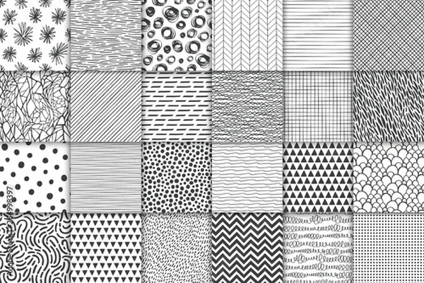 Fototapeta Abstract hand drawn geometric simple minimalistic seamless patterns set. Polka dot, stripes, waves, random symbols textures. Vector illustration