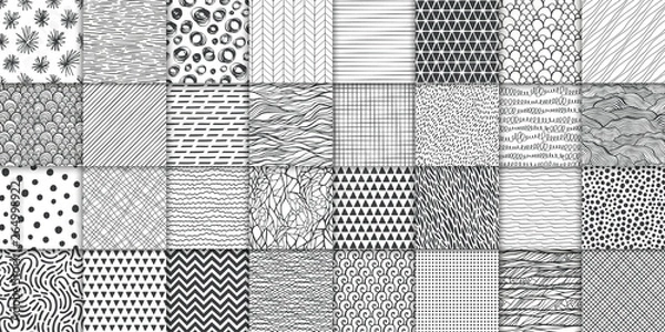 Obraz Zestaw streszczenie ręcznie rysowane geometryczne proste minimalistyczne wzory bez szwu. Kropki, paski, fale, tekstury losowych symboli. Ilustracji wektorowych