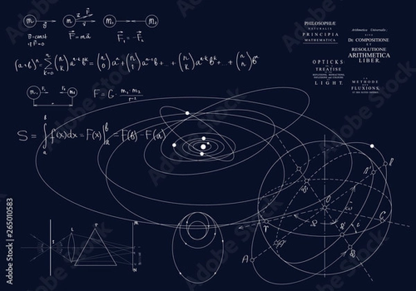 Fototapeta Formulas of classical mechanics, Newton's laws. Physics of motion of bodies, the laws of gravity and optics. 