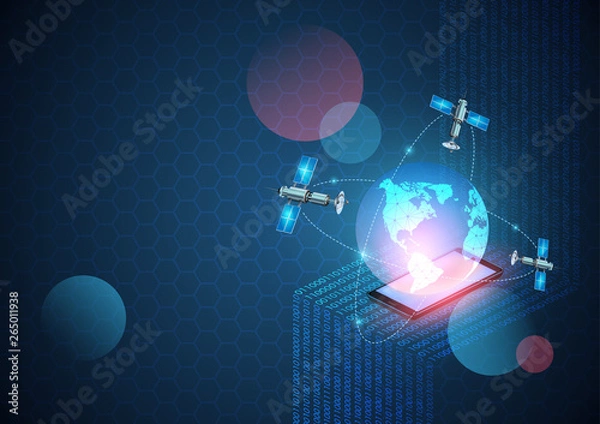 Obraz Vector network technology background. New generation mobile network and the internet. Digital data as digits binary code connected to earth with satellite on blue background. Stock Illustration.