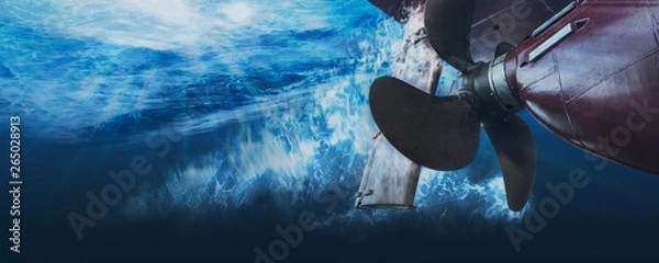 Obraz Śmigło i ster dużego statku w toku widok z wody. Zamknij się szczegóły obrazu statku. Matowy stonowany.