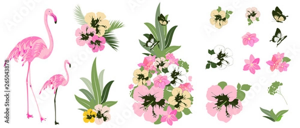 Fototapeta Pineapple with Hawaiian flowers, exotic fruit, isolated on a white