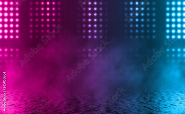 Fototapeta Empty background scene. Dark reflection of the street on the wet asphalt. Rays of neon light in the dark, neon figures, smoke. Night view of the street, the city. Abstract dark background.