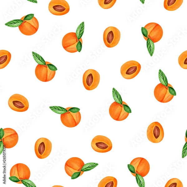 Fototapeta Watercolor seamless pattern of  fresh peaches on white background. Seamless pattern for printing on paper, textile, fabric.