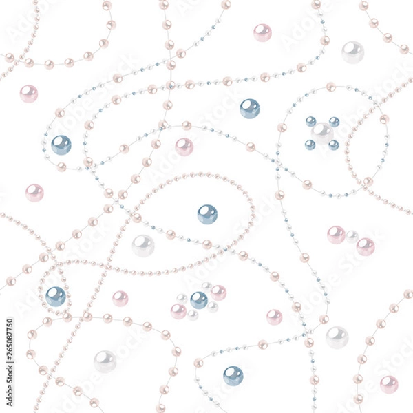 Fototapeta Seamless pearl pattern. Cream colored string and blue beads on white background. Vector illustration.