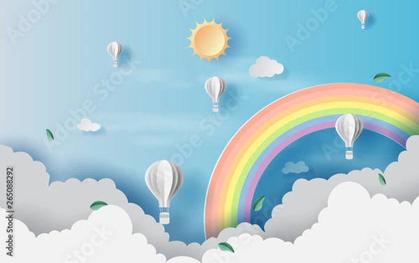 Fototapeta 3D ilustracja cloudscape widok scenerii z balonów na ogrzane powietrze unosi się w błękitne niebo na sztuce papieru. Krajobrazowa scena widokowa na wakacje na wakacjach. Kreatywne projektowanie cięcia papieru i stylu rękodzieła wektor,