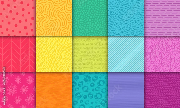 Fototapeta Abstract hand drawn rainbow geometric simple minimalistic seamless patterns set. Polka dot, stripes, waves, random symbols textures. Vector illustration