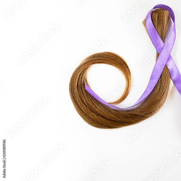 Fototapeta long blond hair donation with lavender ribbon as symbol of fight against cancer on white background. Top view. Natural material for making wig for patients. Square with copy space, isolated. Concept