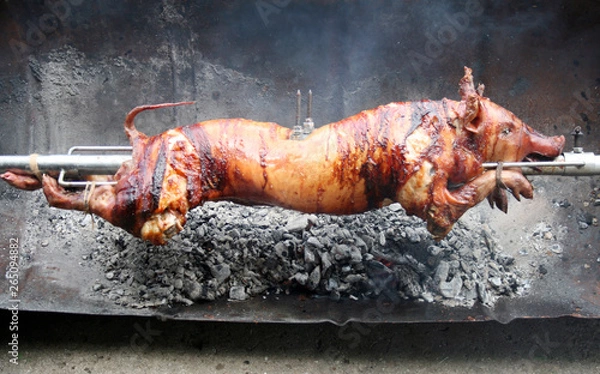 Fototapeta A piglet roasting at spit, traditional way, very tasty