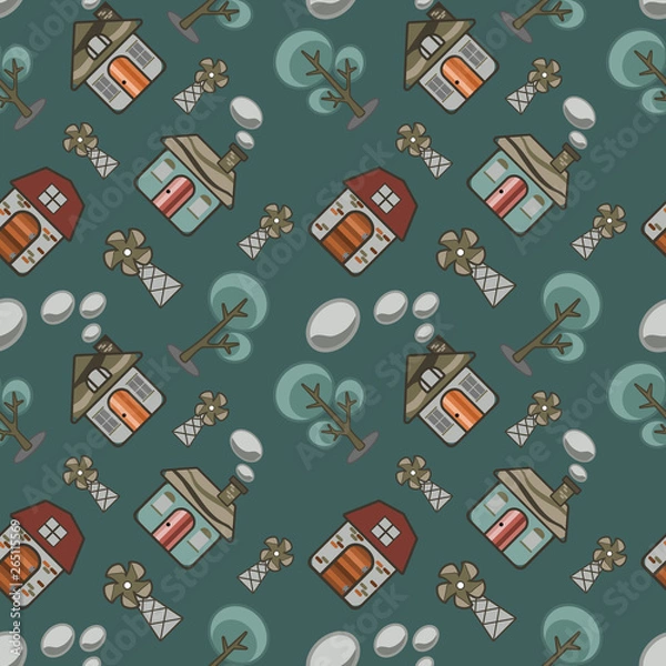 Obraz Home cartoon abstract seamless pattern in green background.