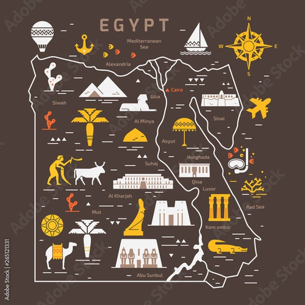 Fototapeta Outline and silhouette map of Egypt - vector illustration hand drawn with black lines, isolated on background with icons symbols attractions of Egypt.