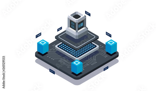 Obraz Isometric design concept virtual reality and augmented reality. software development and programming. Computation of big data center, information processing, database. isometric vector technology