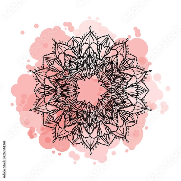 Fototapeta Vector round mandala black hand drawing on pink spot textured background card isolated on white