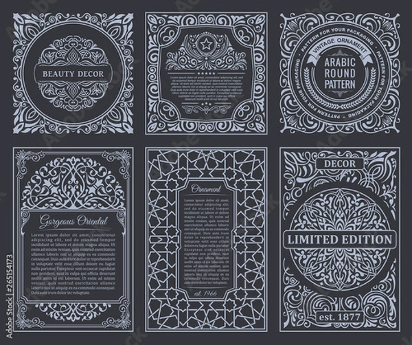 Obraz Vintage set retro cards. Template greeting card wedding invitation. Line calligraphic frames