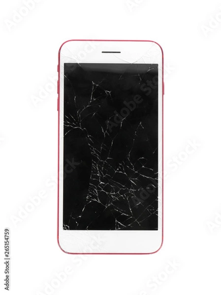 Fototapeta Modern smartphone with broken display isolated on white. Device repair service
