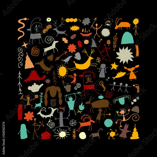 Fototapeta Rock paintings background, sketch for your design