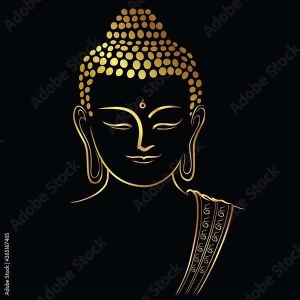 Obraz Golden buddha head with golden border element isolate on black