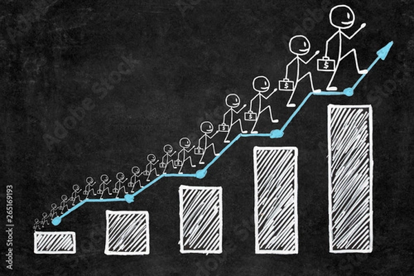 Obraz Handwritten white chalk growth graphic on blackboard. Businessman with briefcase of money climbing step by step on business stairs graph with copy space