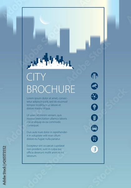 Fototapeta Simple minimalistic city skyline traveling tourist guide book. Brochure, flyer, cover, poster or guidebook template. Vector modern illustration.