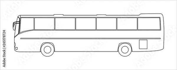 Fototapeta Outline vector tourist bus, side view, template isolated on white background.