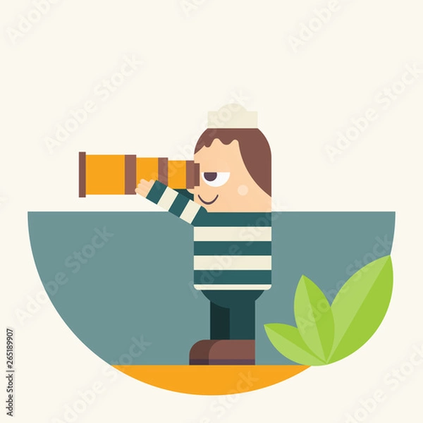 Fototapeta Funny Cartoon Sailor on the Beach looking at Sea through Telescope or Spyglass. Seaman on Uninhabited Island. Vector Illustration in Retro Design.