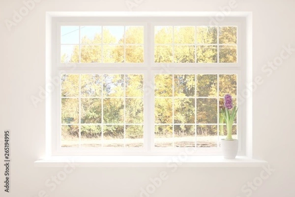 Obraz Empty window with autumn landscape in window. 3D illustration